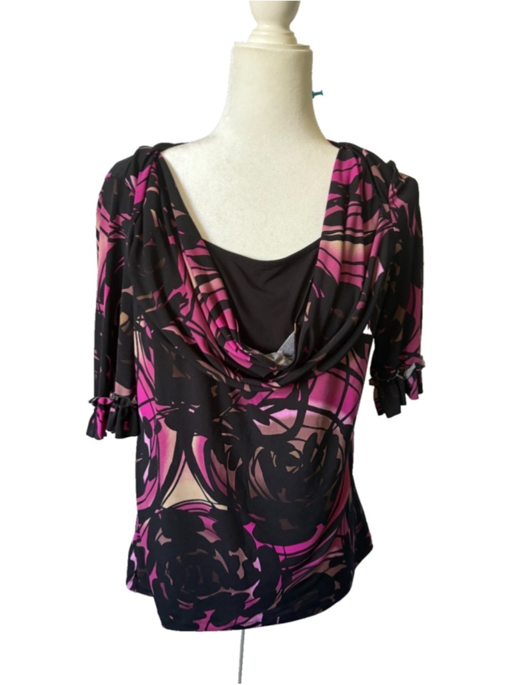 East 5th Women's Medium Blouse Purple Black Floral Cowl Neck 3/4 Sleeve Y2K Top
